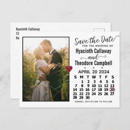 Wedding Save the Date April 2024 Calendar Photo Invitation Postcard