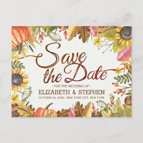 Wedding Save The Date Autumn Fall Leaves Pumpkin A Announcement Postcard