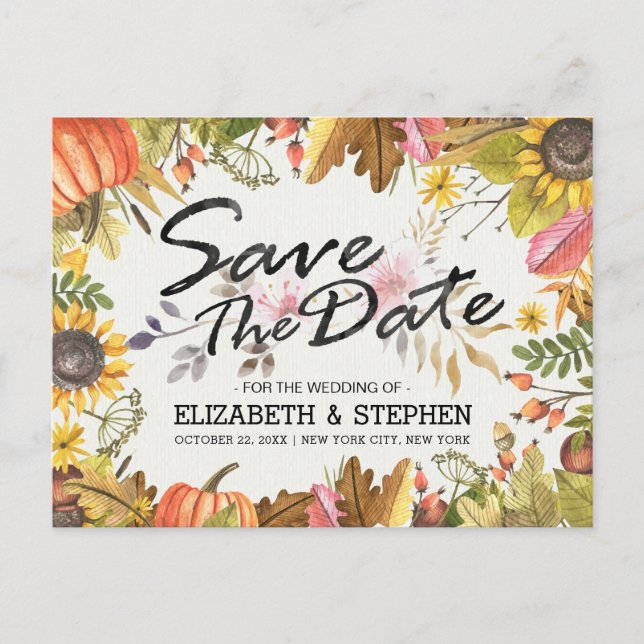 Wedding Save The Date Autumn Fall Leaves Pumpkin Announcement Postcard (Front)