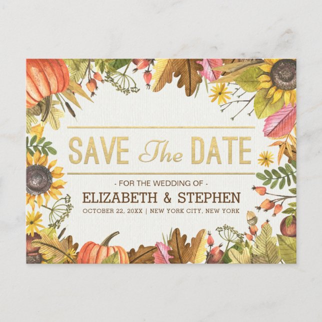 Wedding Save The Date Autumn Fall Leaves Pumpkin Announcement Postcard (Front)