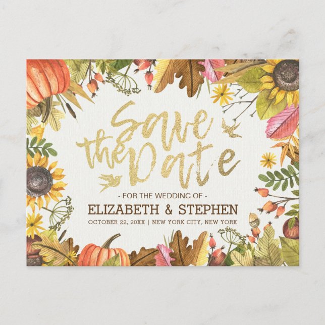Wedding Save The Date Autumn Fall Leaves Pumpkin Announcement Postcard (Front)