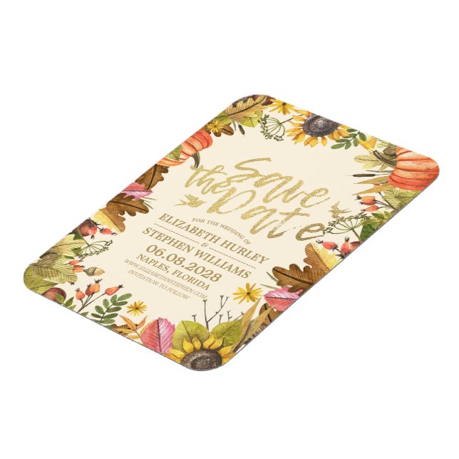 Wedding Save The Date Autumn Fall Leaves Pumpkin Magnet (Left Side)