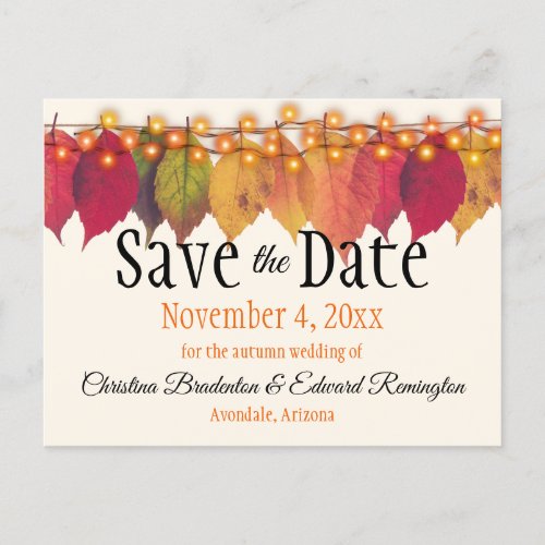 Wedding Save The Date Autumn Leaves Firefly Lights Announcement Postcard