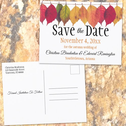 Wedding Save The Date Autumn Leaves On String Announcement Postcard