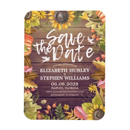 Wedding Save The Date Autumn Leaves Pumpkins Wood Magnet