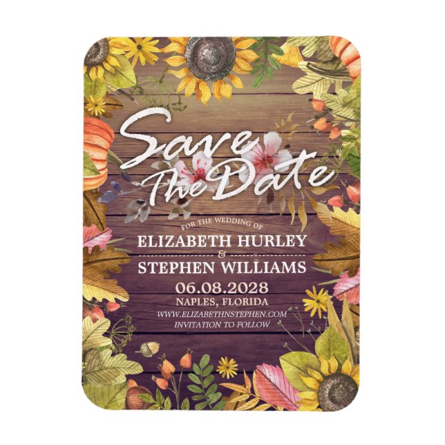 Wedding Save The Date Autumn Leaves Pumpkins Wood Magnet (Vertical)