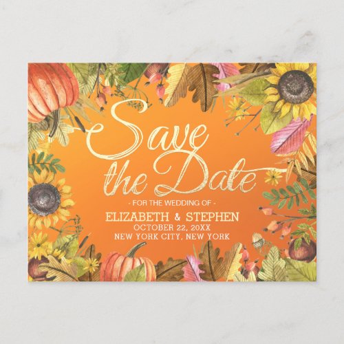 Wedding Save The Date Autumn Maple Leaves Pumpkins Announcement Postcard