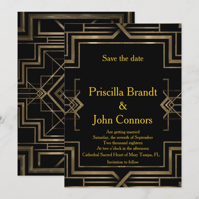 Wedding Save the Date, black & gold, great-Gatsby Invitation (Front/Back)