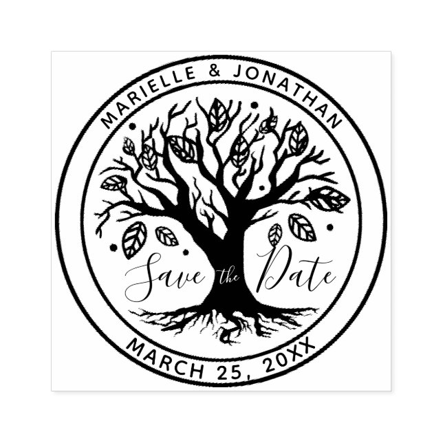 Wedding Save the Date Boho Tree Monogram Names Rubber Stamp (Imprint)