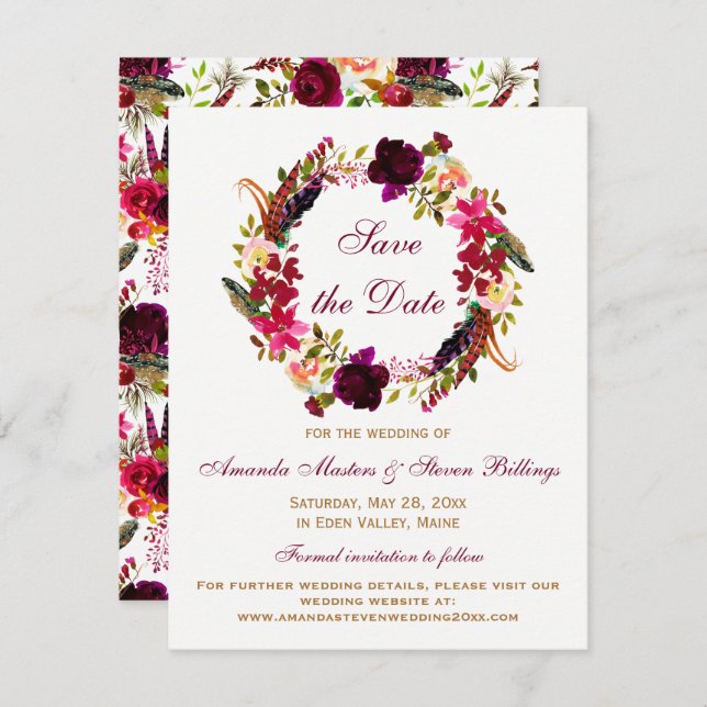 Wedding Save the Date - Burgundy Floral, Feathers Invitation (Front/Back)