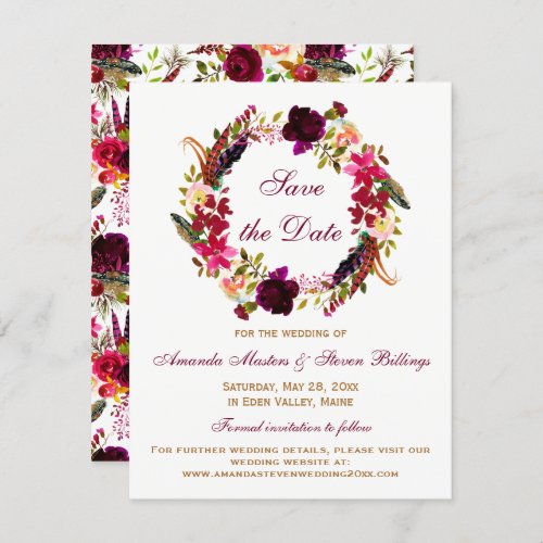 Wedding Save the Date _ Burgundy Floral Feathers Invitation