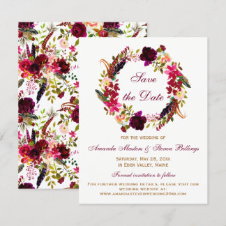 Wedding Save the Date - Burgundy Floral, Feathers Invitation