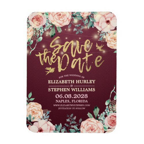 Wedding Save The Date Burgundy Floral String Light Magnet