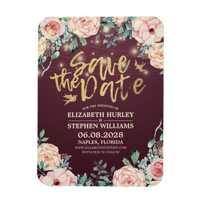 Wedding Save The Date Burgundy Floral String Light Magnet (Vertical)