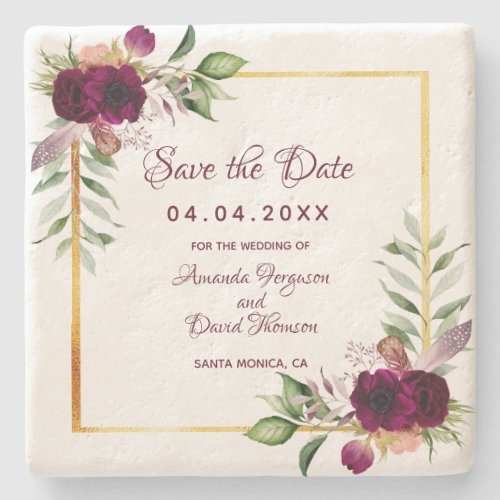 Wedding save the date burgundy florals stone coaster