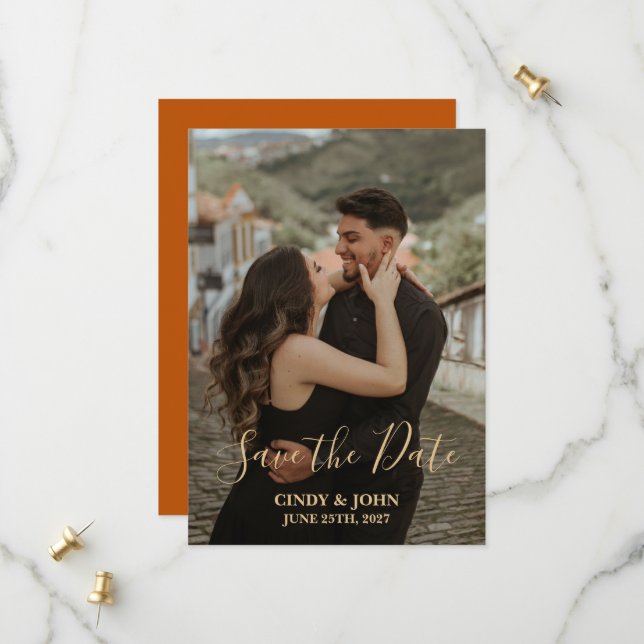 Wedding Save The Date - Burnt Orange Square Cut (Front/Back In Situ)