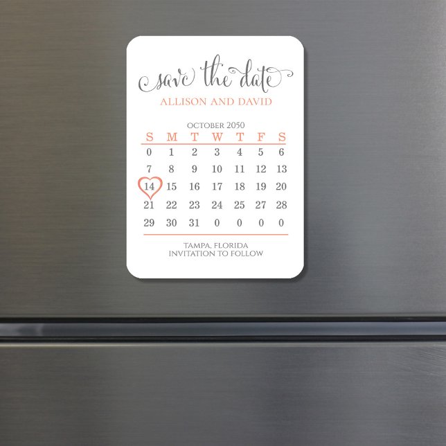 Wedding Save the Date Calendar Custom Magnet (Peach and grey Wedding save the date calendar magnet.)