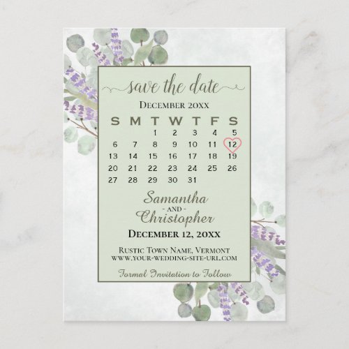 Wedding Save the Date Calendar Eucalyptus Green Announcement Postcard