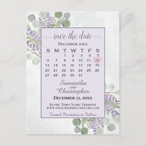 Wedding Save the Date Calendar Eucalyptus Purple Announcement Postcard