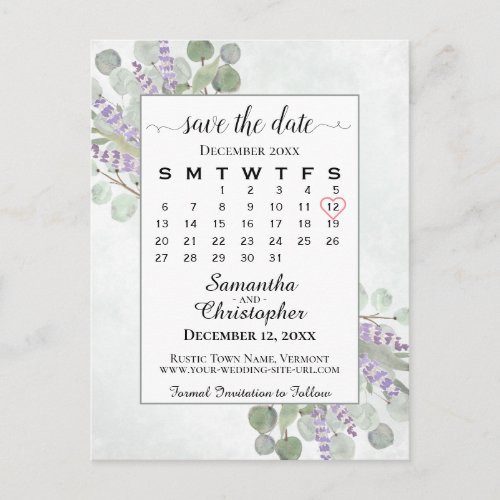Wedding Save the Date Calendar Eucalyptus White Announcement Postcard