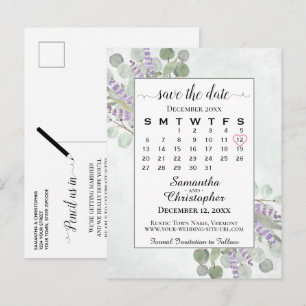 Wedding Save the Date Calendar Eucalyptus White Announcement Postcard
