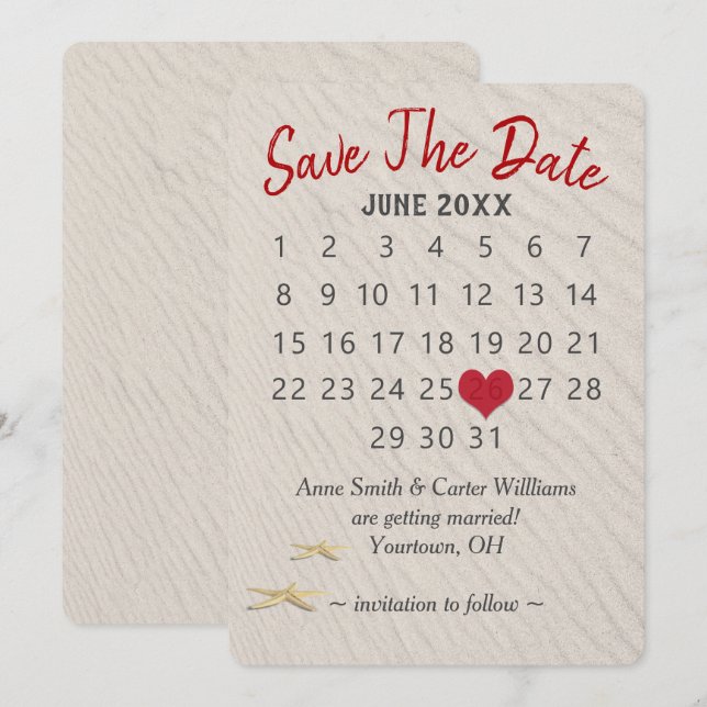 Wedding Save the Date Calendar on Sand Invitation (Front/Back)