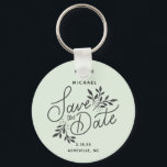 Wedding Save the Date Calligraphy Botanical Mint Keychain<br><div class="desc">A fun save the date keychain - add your custom text to this pretty hand-lettered botanical swag design set against a mint green background (easily change the color). Send as a save the date or use as favors/gifts for an engagement party - or give to your wedding party as a...</div>
