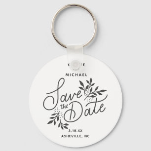 Wedding Save the Date Calligraphy Botanical White Keychain