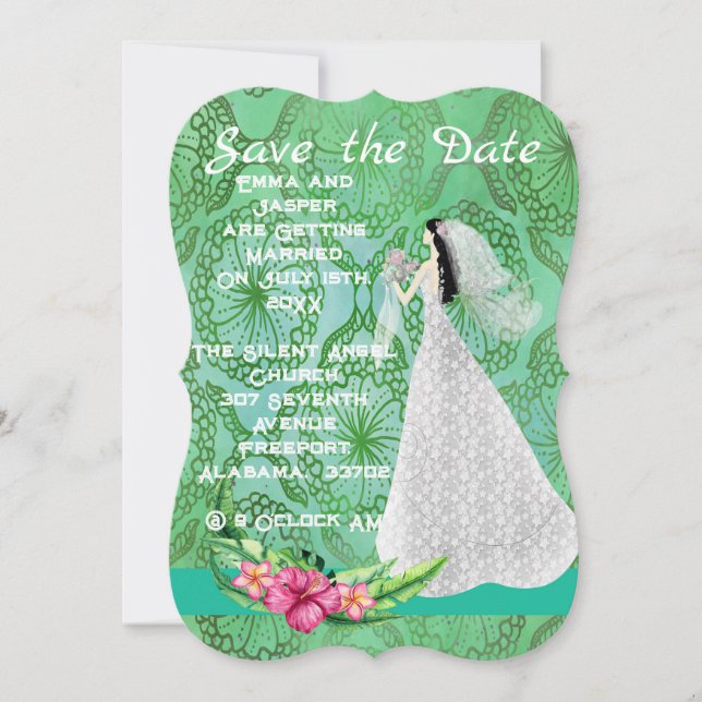 Wedding Save the Date Card in Green with Bride (Front)