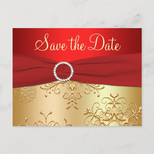 Wedding Save the Date Card | Red, Gold Snowflakes (Front)