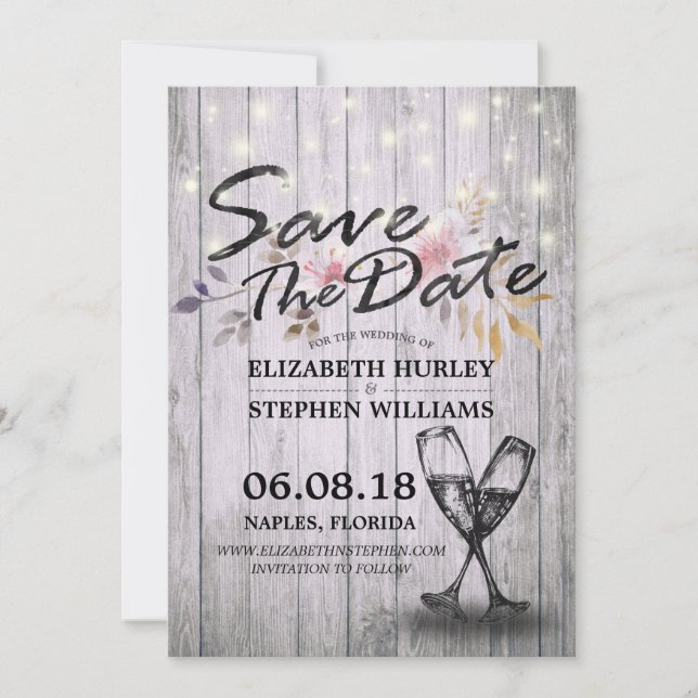 Wedding Save The Date Champagne Glasses Wood Light (Front)