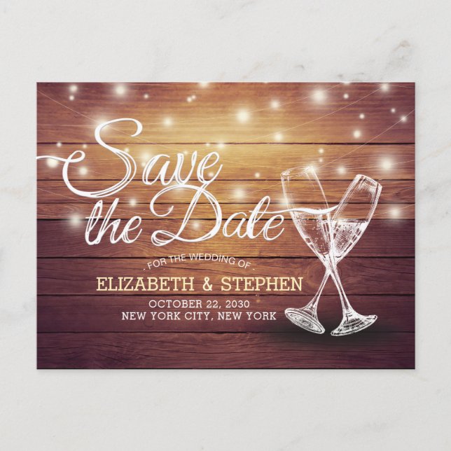 Wedding Save The Date Champagne Glasses Wood Light Announcement Postcard (Front)