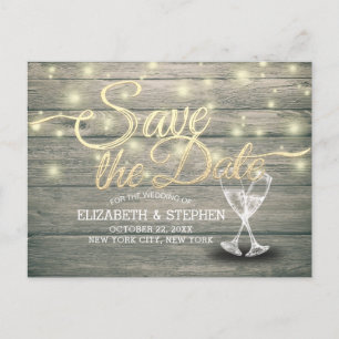 Wedding Save The Date Champagne Glasses Wood Light Announcement Postcard
