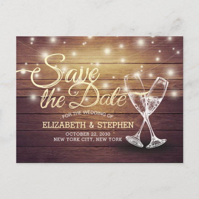 Wedding Save The Date Champagne Glasses Wood Light Announcement Postcard (Front)