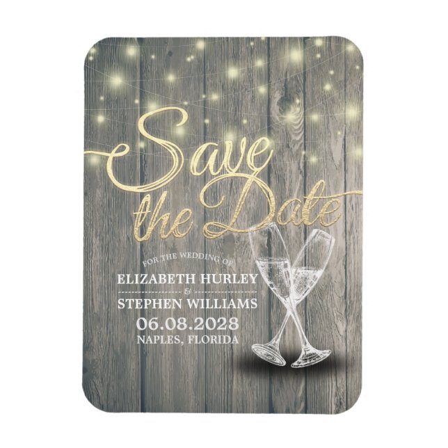 Wedding Save The Date Champagne Glasses Wood Light Magnet (Vertical)
