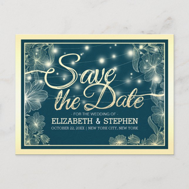 Wedding Save The Date Chic Blue Gold Flowers Light Announcement Postcard (Front)