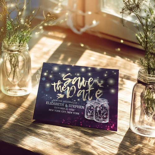 Wedding Save The Date Chic Mason Jar Purple Lights Announcement Postcard