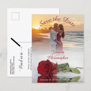 Wedding Save the Date Chic Rose Photo Overlay Red Announcement Postcard