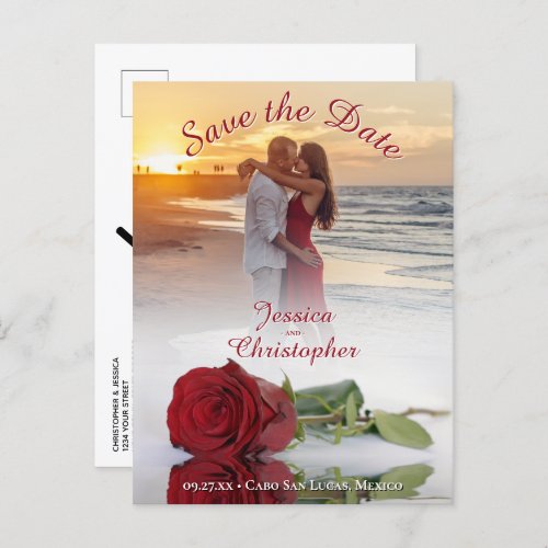 Wedding Save the Date Chic Rose Photo Overlay Red Announcement Postcard