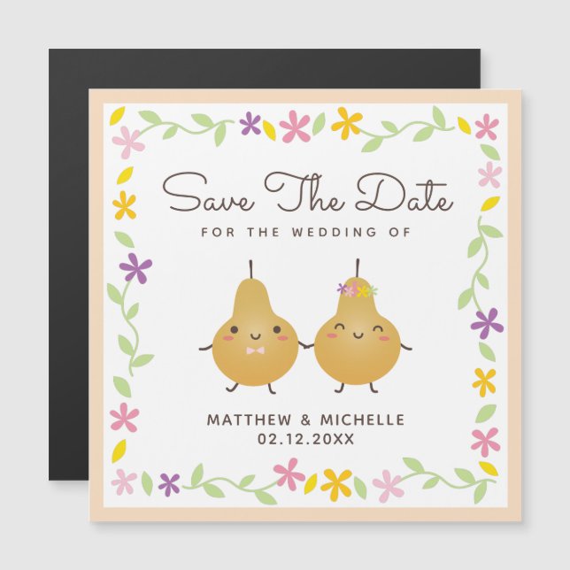 Wedding Save The Date Cute Cartoon Bride and Groom Magnetic Invitation (Front/Back)