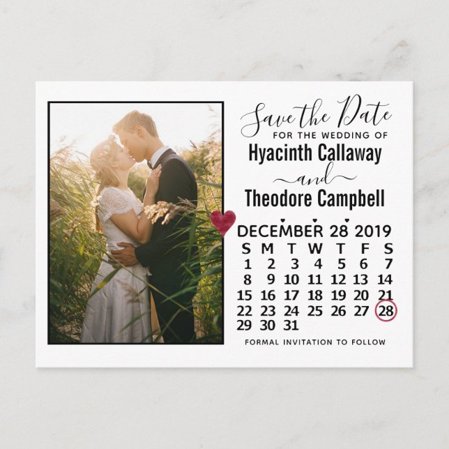 Wedding Save the Date December 2019 Calendar Photo Invitation Postcard (Front)
