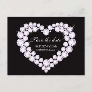 Wedding save the date diamonds in a heart on black announcement postcard