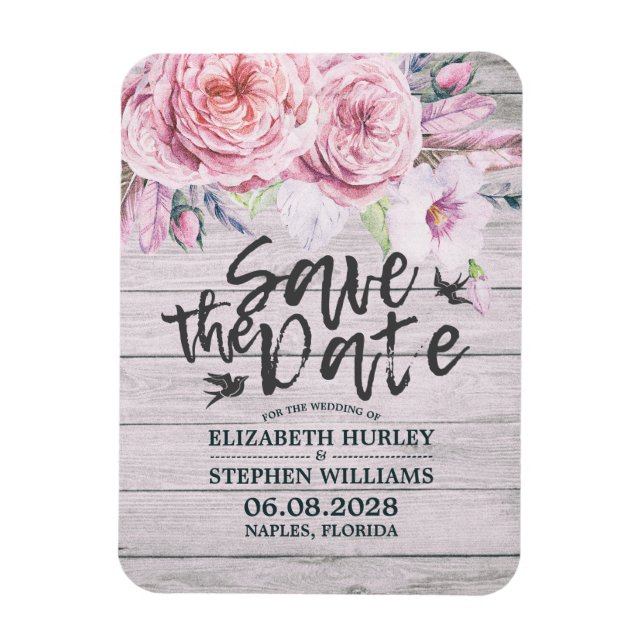 Wedding Save The Date Elegant Floral Rustic Wood Magnet (Vertical)