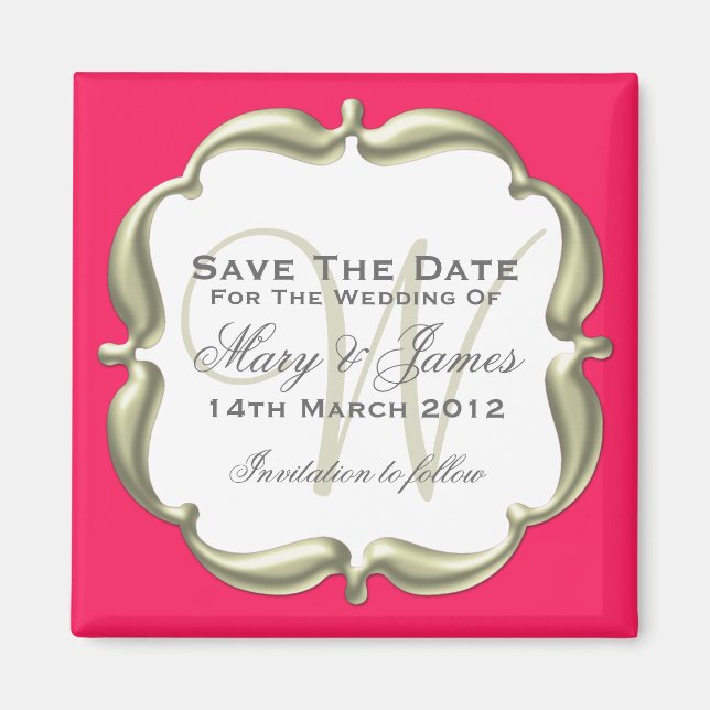 Wedding Save The Date Elegant Gold Hot Pink Magnet (Front)