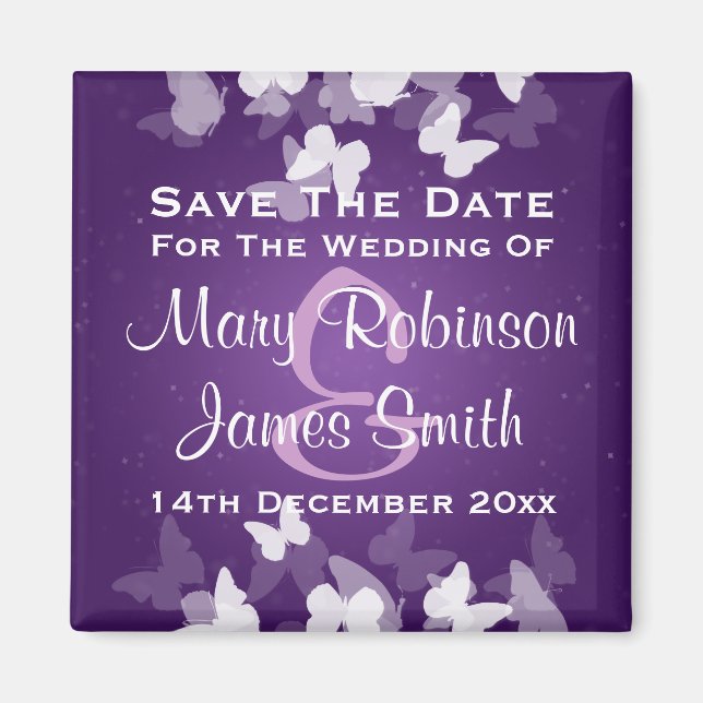 Wedding Save The Date Elusive Butterflies Purple Magnet (Front)