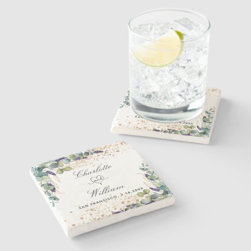 Wedding save the date eucalyptus gold names stone coaster