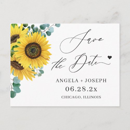 Wedding Save the Date Eucalyptus Sunflower Postcard - Wedding Save the Date Eucalyptus Sunflower Postcard. 
(1) For further customization, please click the "customize further" link and use our design tool to modify this template.
(2) If you need help or matching items, please contact me.