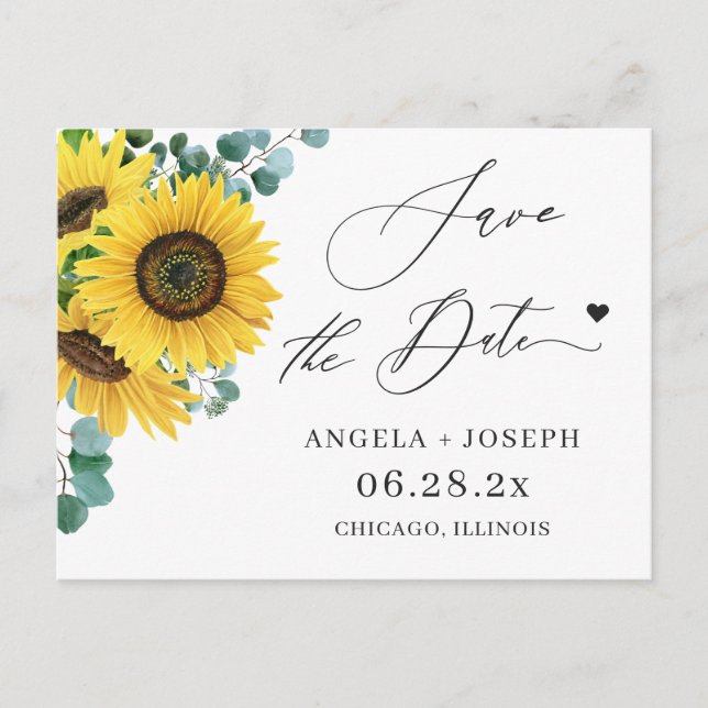 Wedding Save the Date Eucalyptus Sunflower Postcard (Front)
