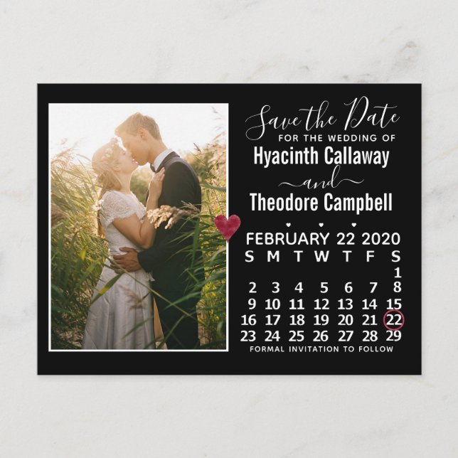 Wedding Save the Date February 2020 Calendar Photo Invitation Postcard (Front)