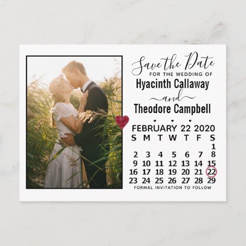 Wedding Save the Date February 2020 Calendar Photo Invitation Postcard